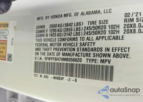2021 Honda Pilot Black z USA, uszkodzony, nr VIN 5FNYF6H74MB056620
